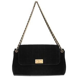 Chanel Quilted Velvet Chocolate Bar Mademoiselle Lock Chain Bag Black